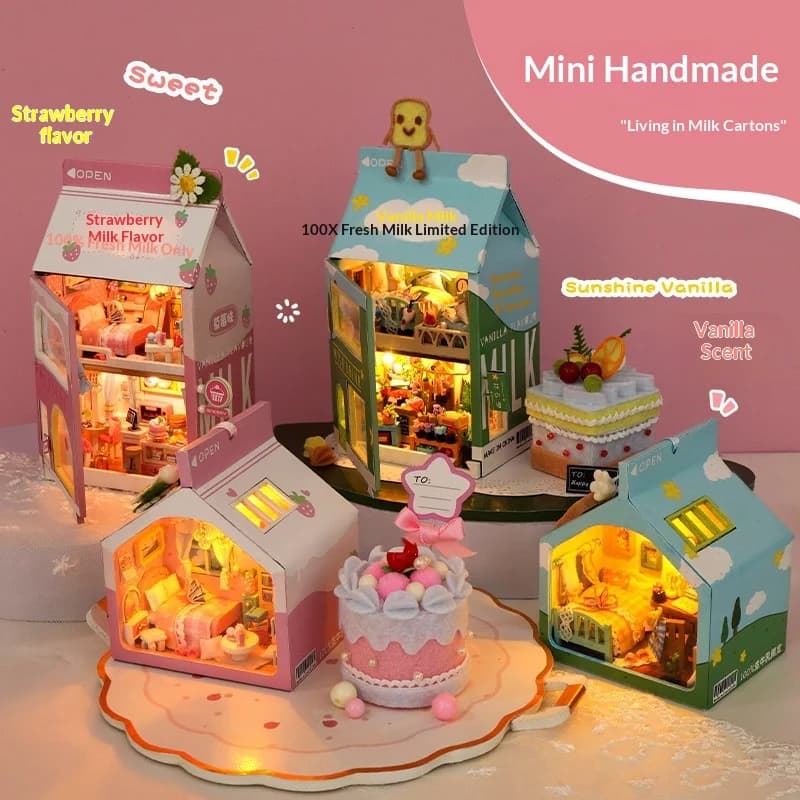 Modellino di Casa Fai-da-Te, Casetta con Scatola del Latte, Piccola Luce Notturna, Scena in Miniatura, Modello di Costruzione, Regalo per Migliore Amico