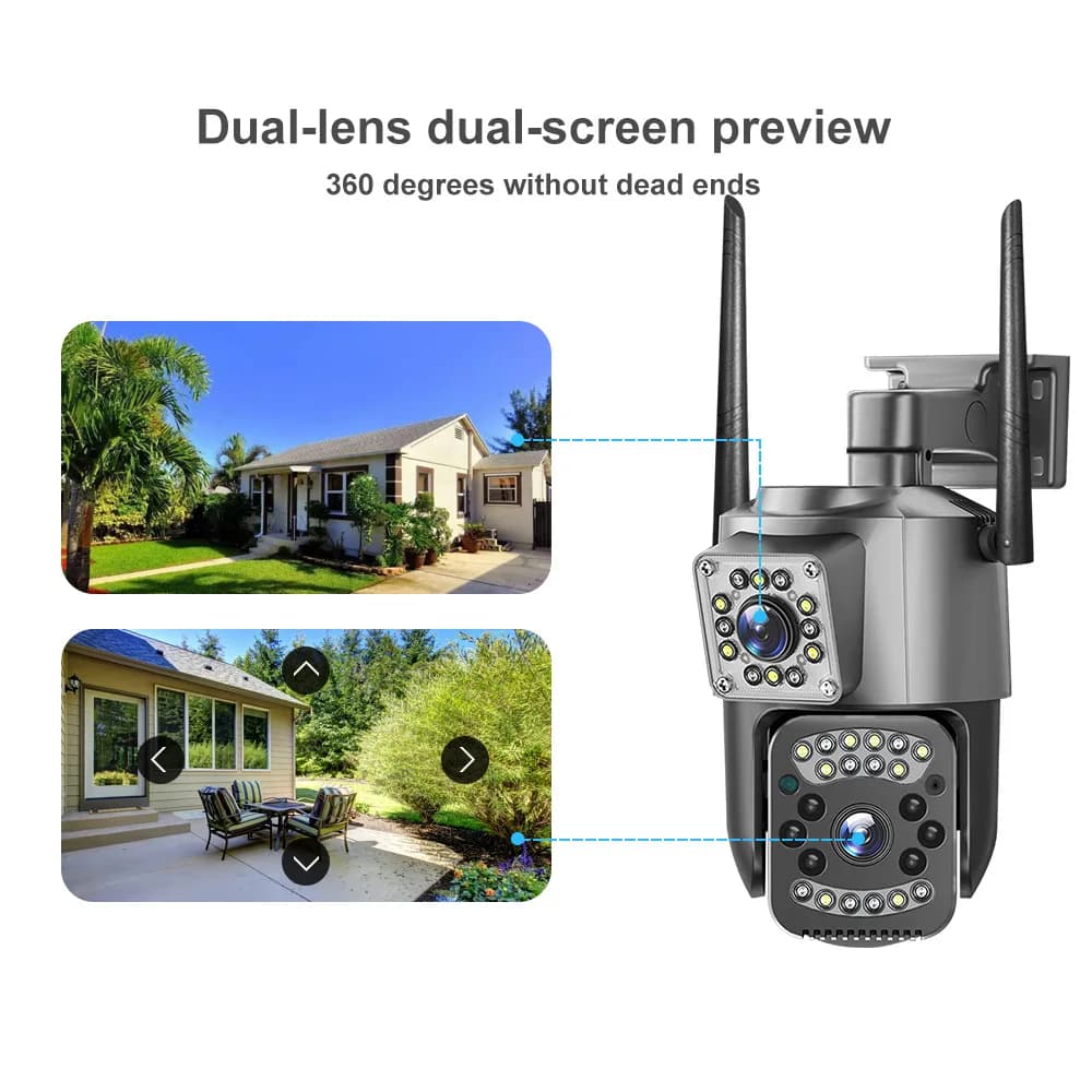 Telecamera IP WIFI 4MP a Doppia Lente per Esterni, Telecamera di Sorveglianza Wireless con Audio Bidirezionale e Visione Notturna, Telecamera CCTV Domestica V380 Pro