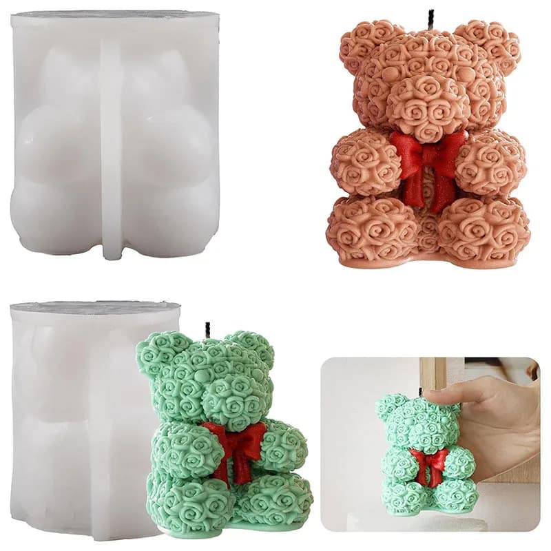 Love Rose Bear Mold DIY Aromatherapy Candle Cake Silicone Mold Home Decoration Creative Valentine's Day Gift Silicone Stencils