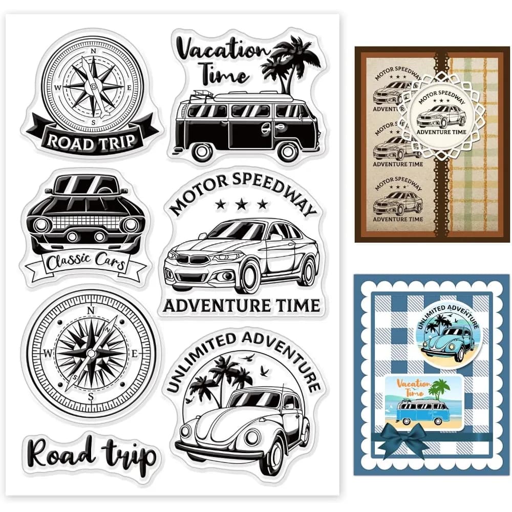 Vintage Classic Car Silicone Clear Stamp Retro Compass Transparent Silicone Stamp Bear Rubber Stamp for Scrapbook Making Kit
