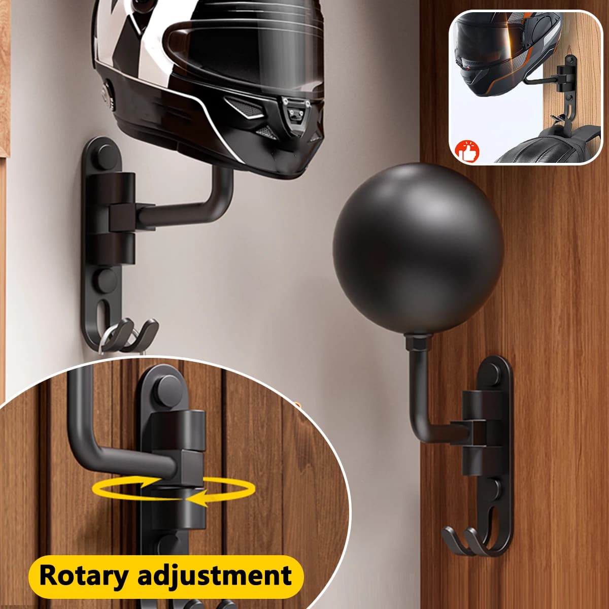 Wall Mount Motorcycle Helmet Rack 180° Rotation Hanger Helmet Holder With Hooks For Bike Baseball Helmet Display Hanger Stand