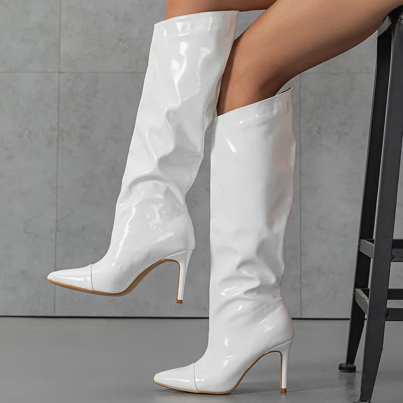 Stivali da donna sexy al ginocchio con punta a punta in pelle verniciata Scarpe moderne con tacco alto sottile pieghettate Nero Bianco Rosso 2025