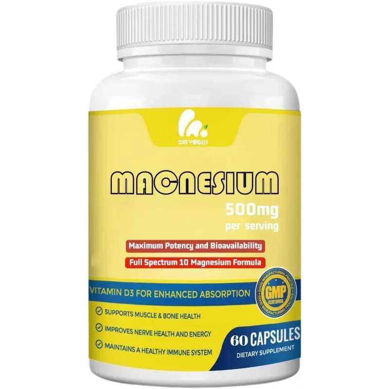 Integratore di magnesio contenente glicinato di magnesio, citrato, malato, zinco, vitamina D3 - supporto per la salute di muscoli e ossa, 60 capsule