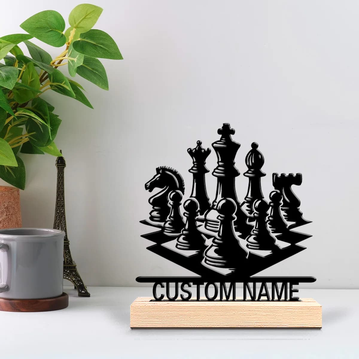 1 pezzo di pezzi degli scacchi personalizzati alla moda, statue in metallo, arte in metallo con base in legno, perfetti per le camere da letto, regali commemorativi,