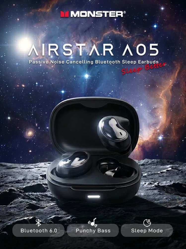 Monster Airstar A05 Sleep Earphones Passive Noise Cancelling Sleep Earbuds for Side Sleepers Bluetooth 6.0 Sleeping Headphone