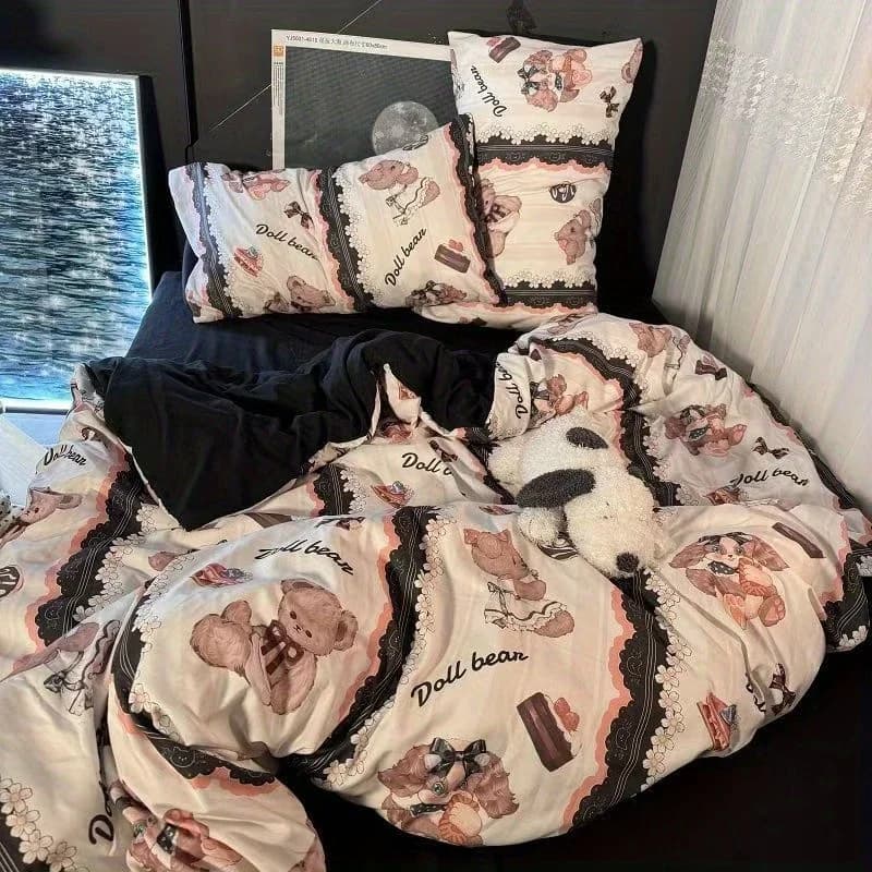 Set biancheria da letto Ins Simpatico orso Singolo Queen Size Copripiumino morbido Lenzuolo piatto Federa per biancheria da letto per la casa dei ragazzi delle ragazze