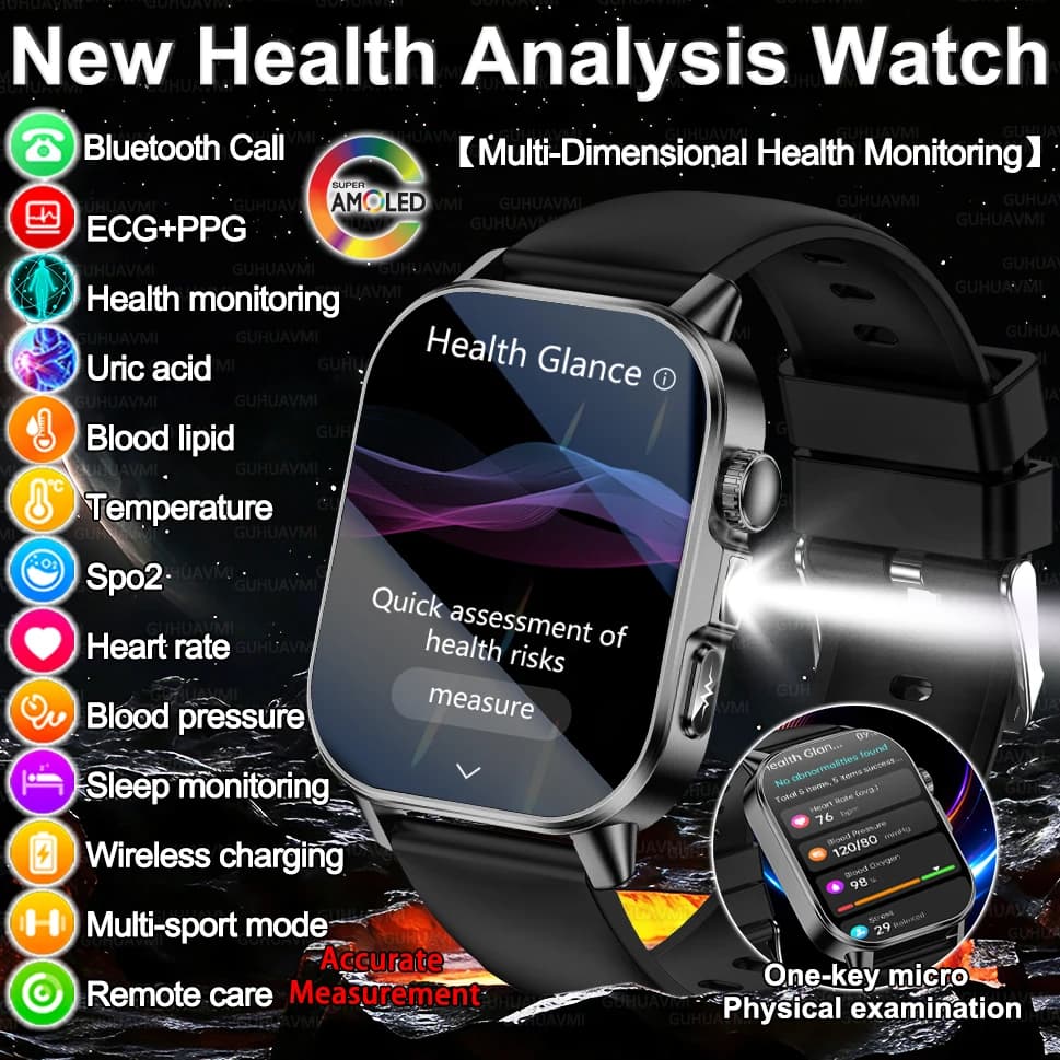 Nuovo Smartwatch per Infermieri con ECG+PPG Preciso, Monitoraggio Acido Urico e Grasso nel Sangue, Schermo AMOLED HD da 2.0 Pollici, Chiamate e Tracker Sportivo