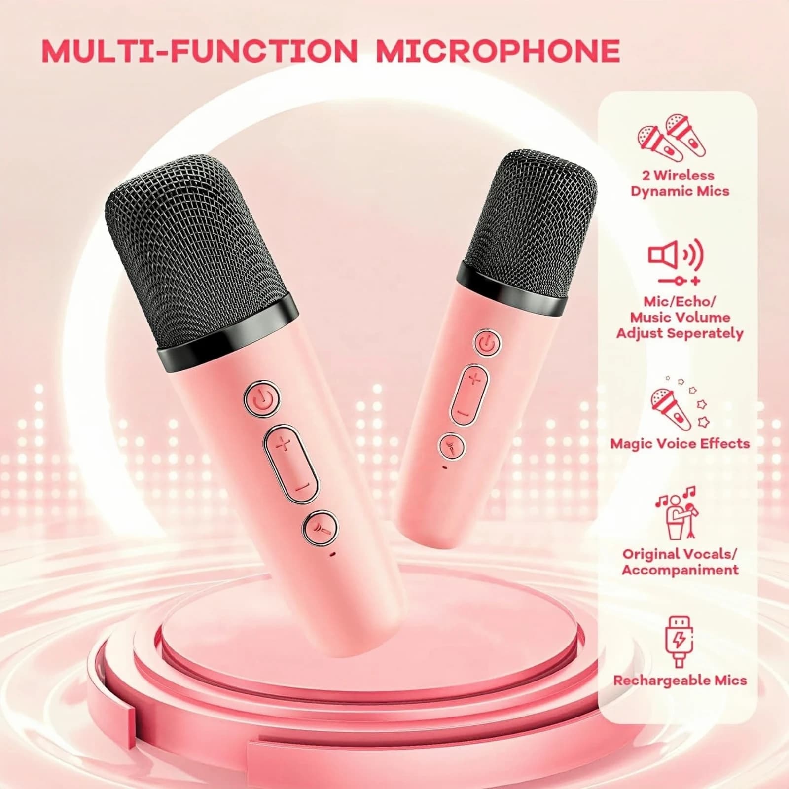 Macchina per karaoke portatile Dsp - 2 microfoni wireless, Bluetooth 5.0, supporto Tf/aux/cuffie, cancellazione vocale, altoparlante ricaricabile