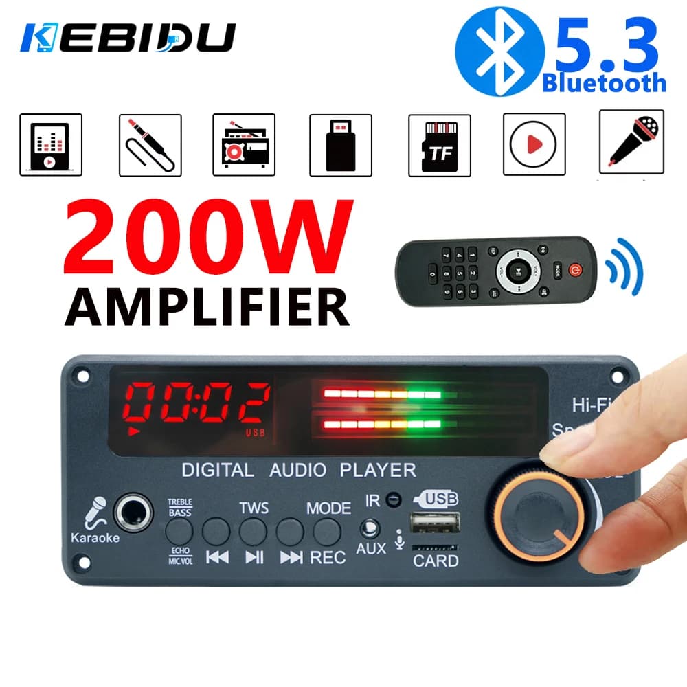 KEBIDU 200W Amplifier Bluetooth MP3 Player DC 12V MP3 WAV Decoder Board Hands-free Car Wireless Music Player Mic USB TF FM Radio