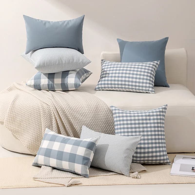 Blue Buffalo Check Plaid Decorative Throw Pillow Covers Farmhouse Gingham Square Cushion Cover Pillowcase 30x50cm 45x45cm