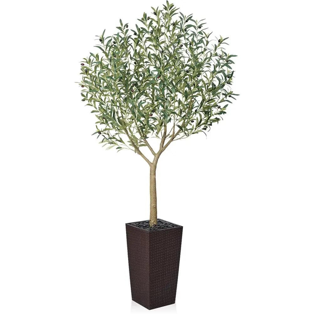Albero di Ulivo Artificiale Resistente ai Raggi UV da 2,1 m con Fioriera e Ciottoli, per Interni ed Esterni, Pianta Finta per Casa, Ufficio, Patio, Personalizzabile