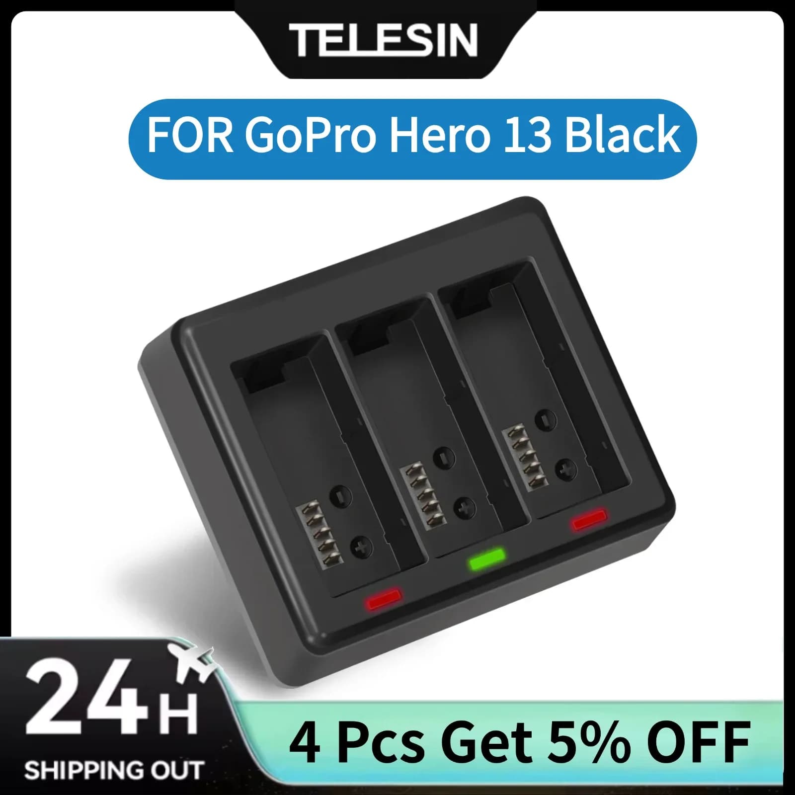 TELESIN Caricabatterie rapido per accessori Gopro Hero 13 Caricabatterie leggero di sicurezza a tre slot Accessori per action cam
