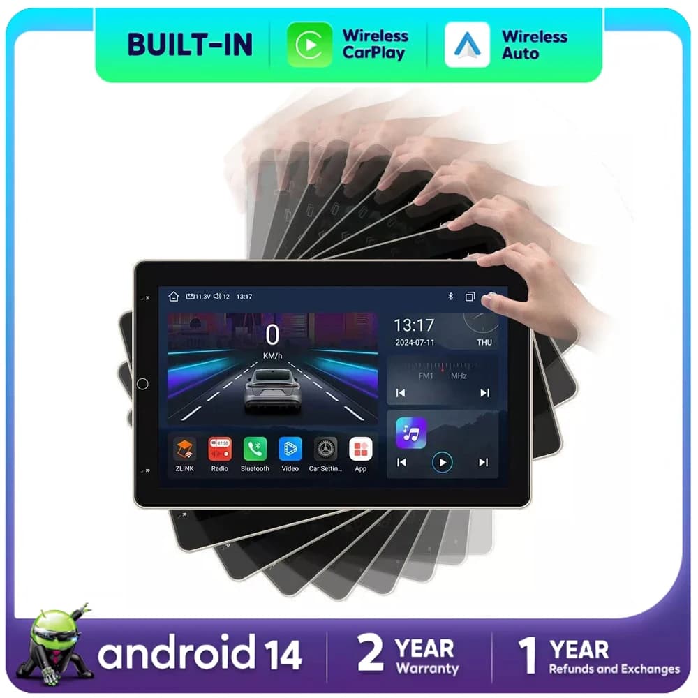 Autoradio Android 14 Universale 2 DIN da 10.1 Pollici Rotante con GPS, Schermo QLED 2.5D, CarPlay, DSP, RDS