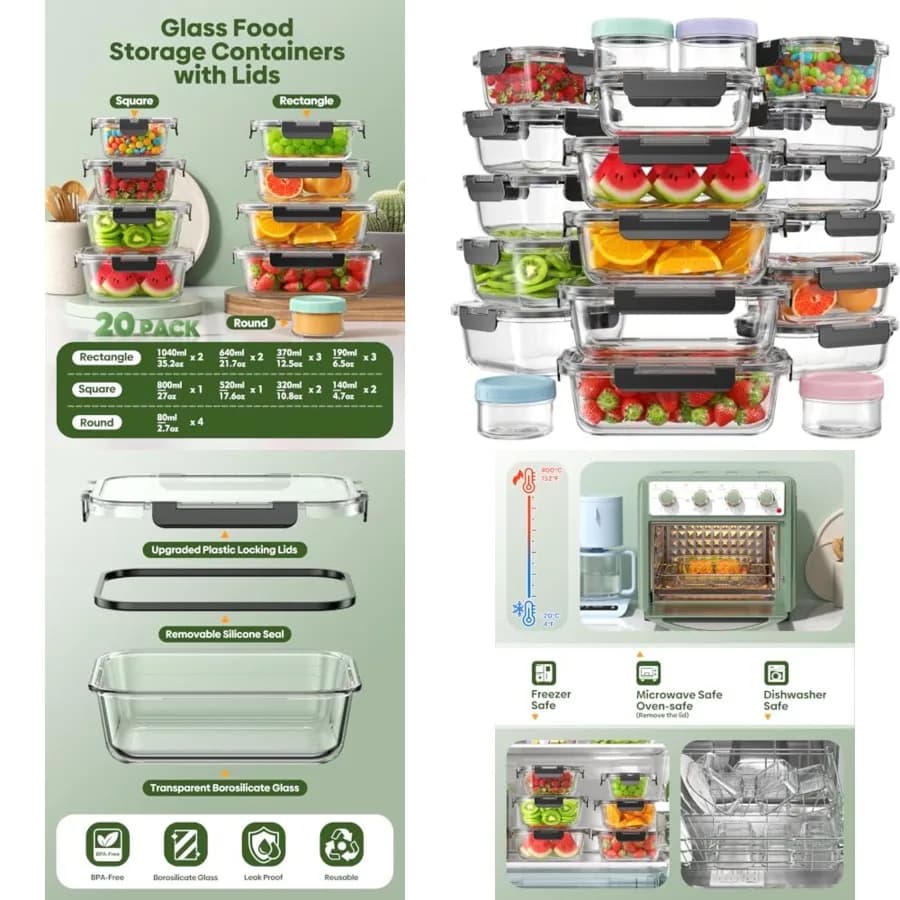 Set di 40 Contenitori in Vetro per Alimenti con Coperchi, 20 Contenitori e 20 Coperchi, Contenitori in Vetro Borosilicato per Conservazione in Cucina