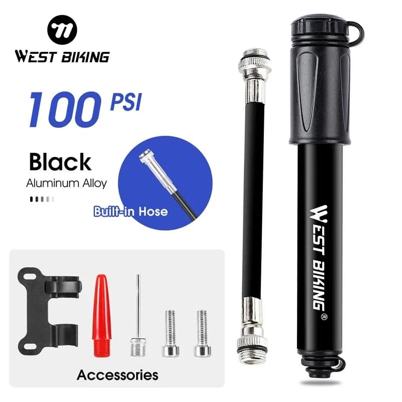 WEST BIKING 100Psi Mini Bicycle Pump in Aluminium Alloy, Pneumatic Inflatable Manual Pump with Schrader Valve and MTB and Road Cycling