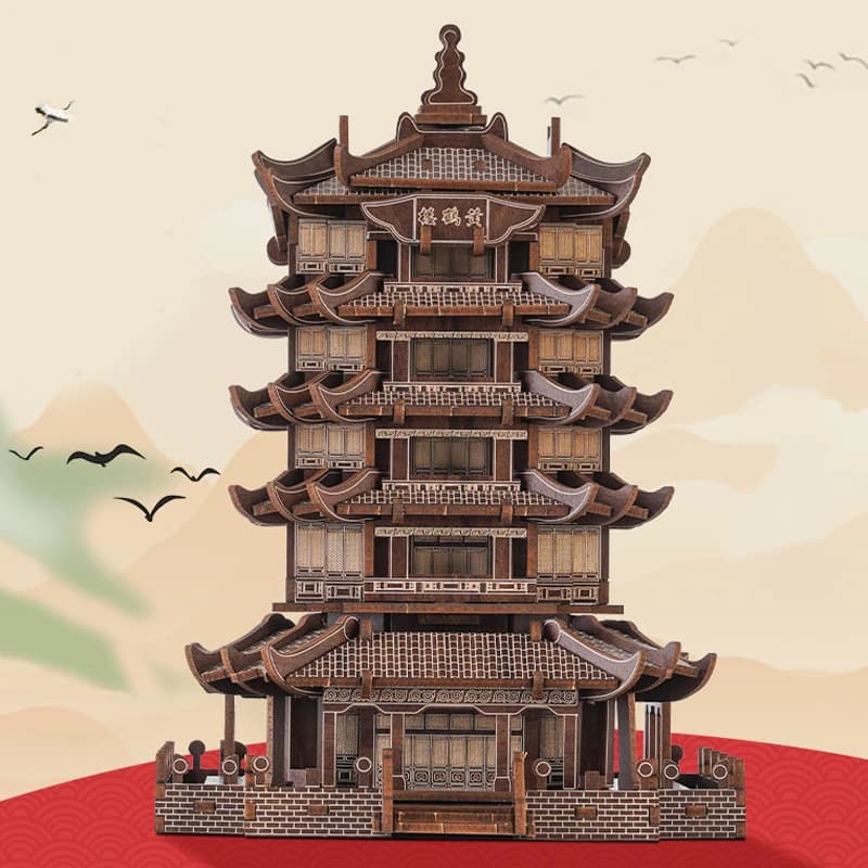 Nuovo gru gialla torre puzzle 3D in legno modello di assemblaggio di edifici antichi giocattoli di simulazione fai da te per bambini regalo di Natale per bambini