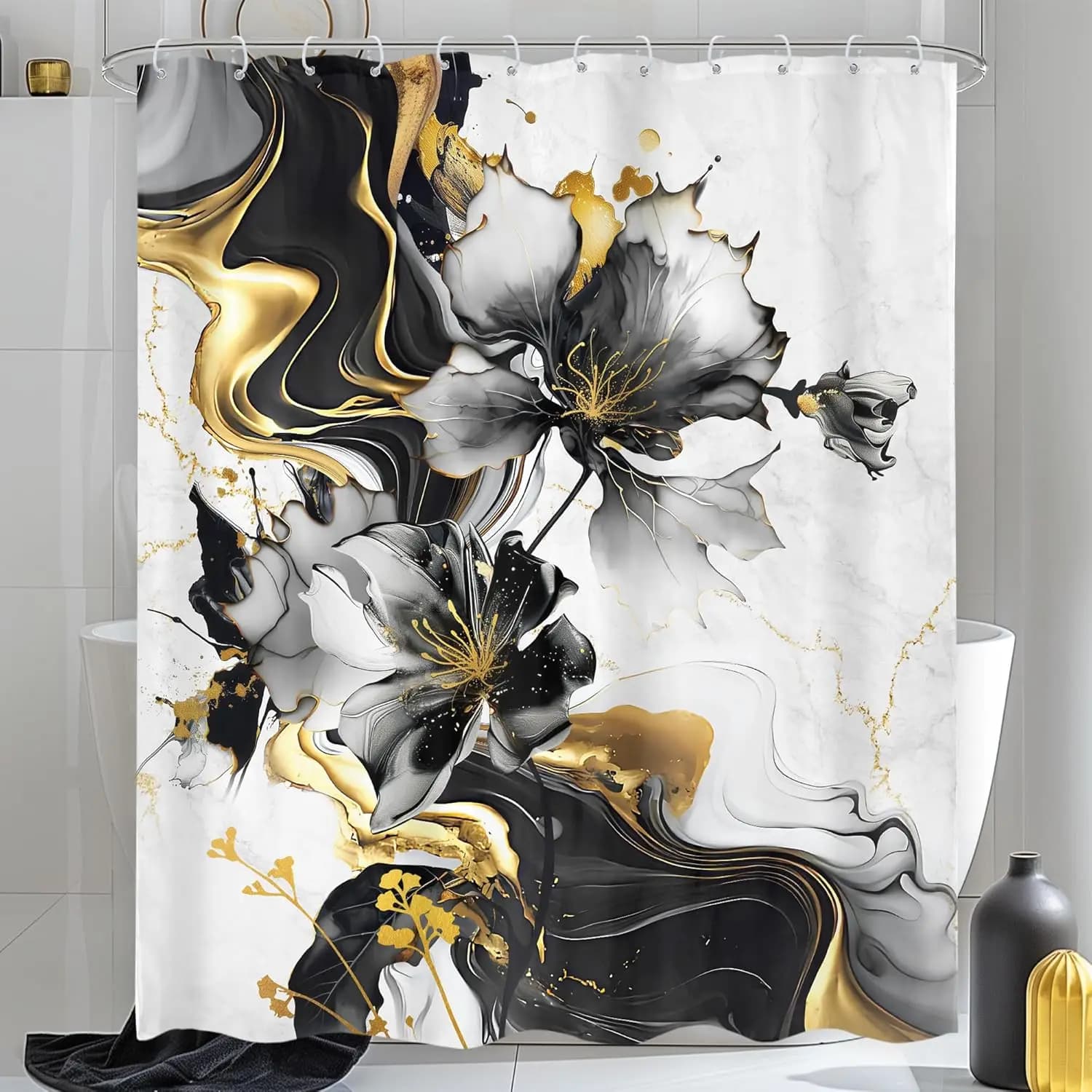 Tenda da doccia in marmo nero bianco oro, trama astratta inchiostro floreale, design di lusso minimalista con ganci