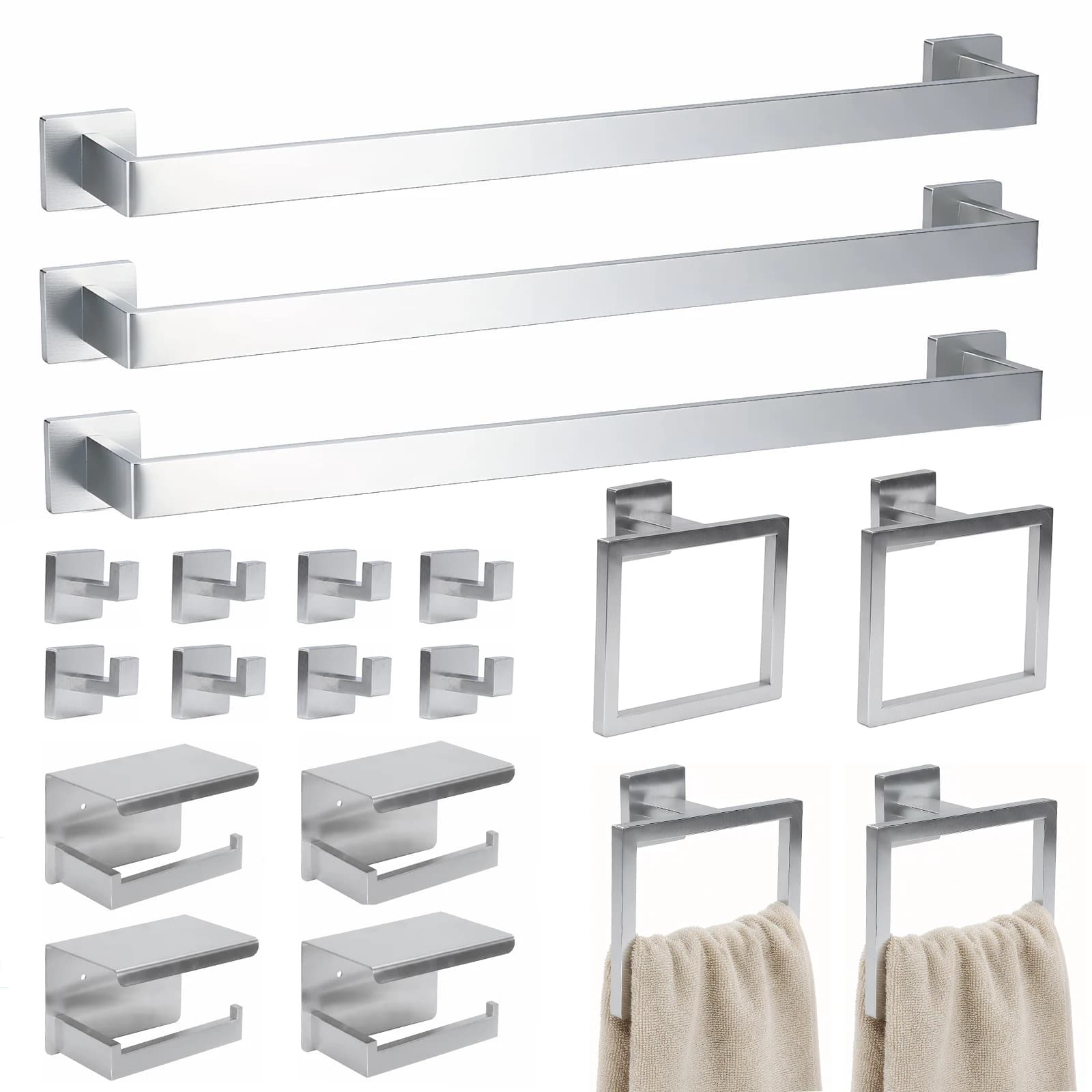 Set di 20 Accessori per Bagno Montati a Parete in Acciaio Inossidabile: Portasciugamani, Portarotolo, Anello, Gancio