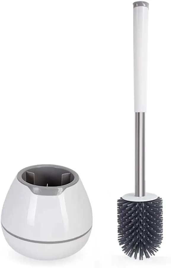 Set di spazzole per WC in silicone con supporto e pinzette, kit per la pulizia del bagno, manico in alluminio - Bianco