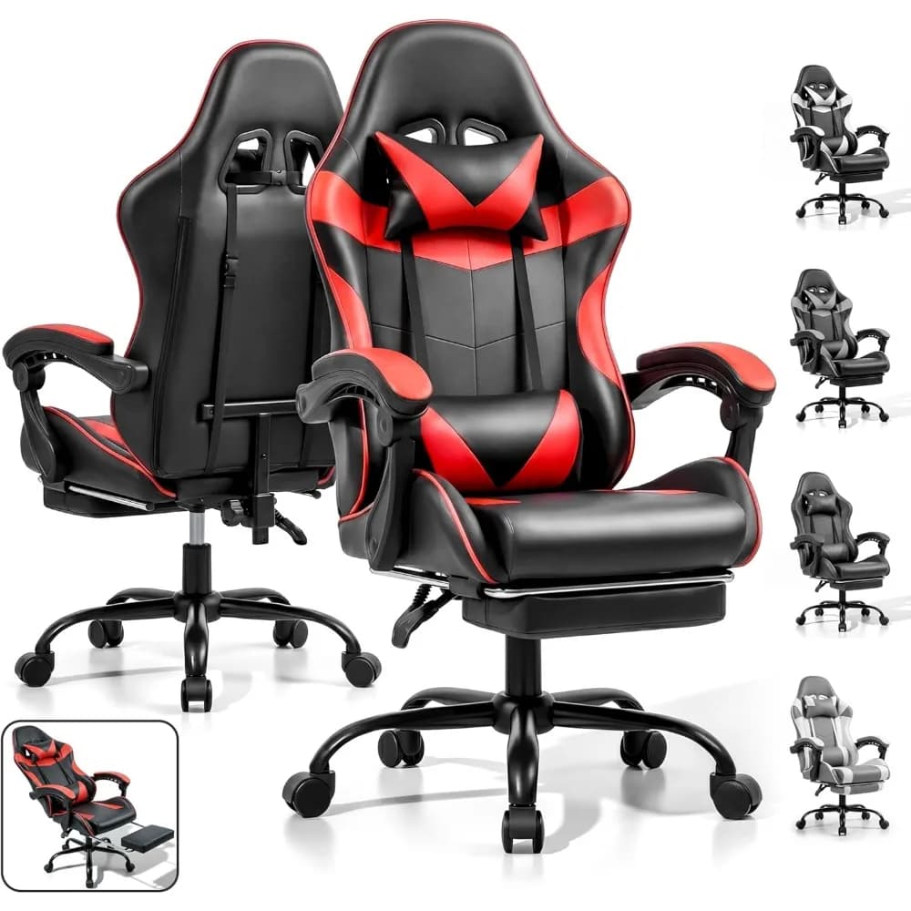 Sedia da Gaming Ergonomica con Poggiapiedi, Supporto Lombare, Altezza Regolabile, Girevole a 360°, Poggiatesta, Rosso e Nero