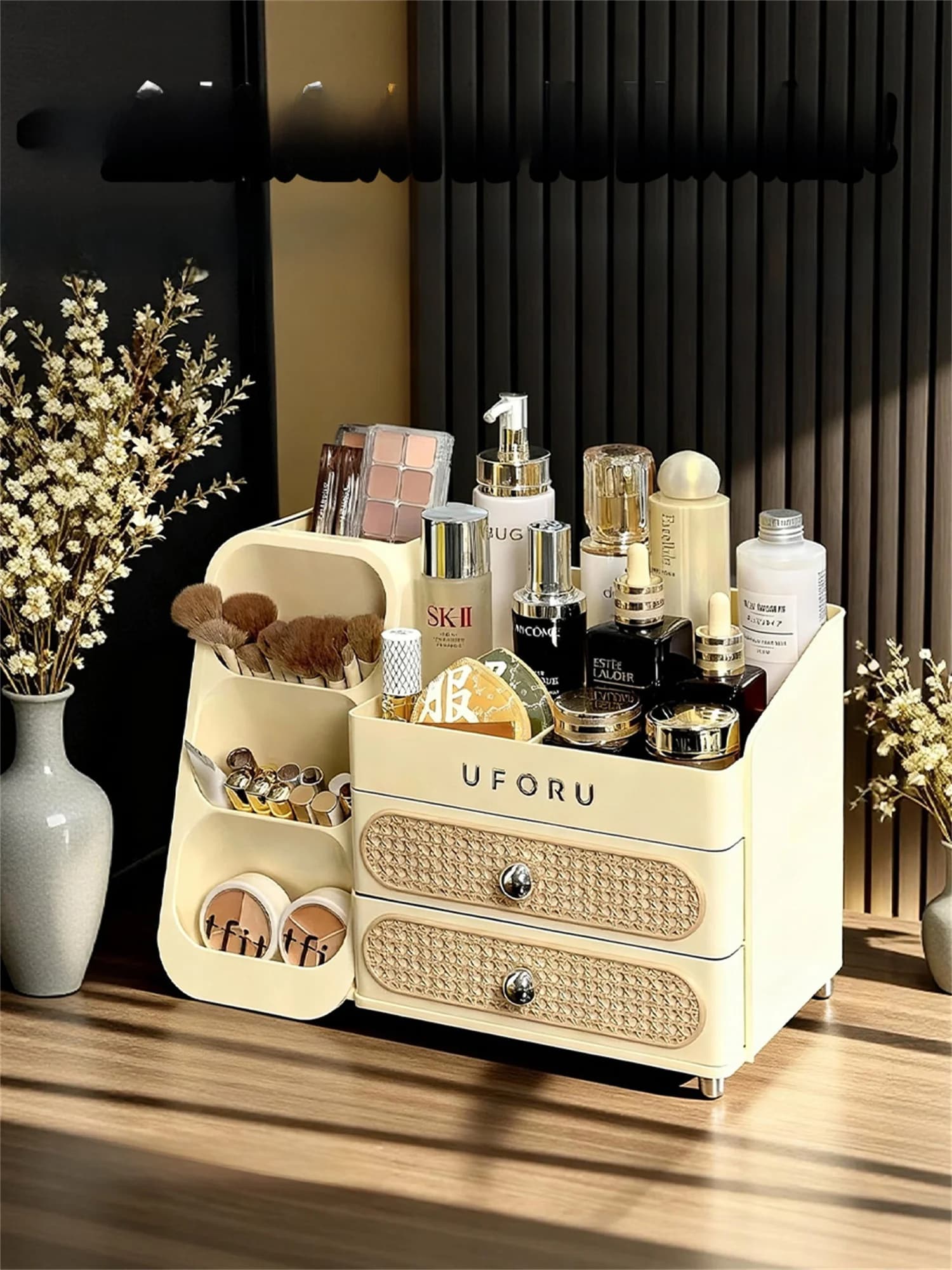 Organizer da Scrivania per Cosmetici, Lussuoso Portaoggetti per Trucchi, Espositore per Rossetti, in Plastica a Tre Livelli con Cassetti