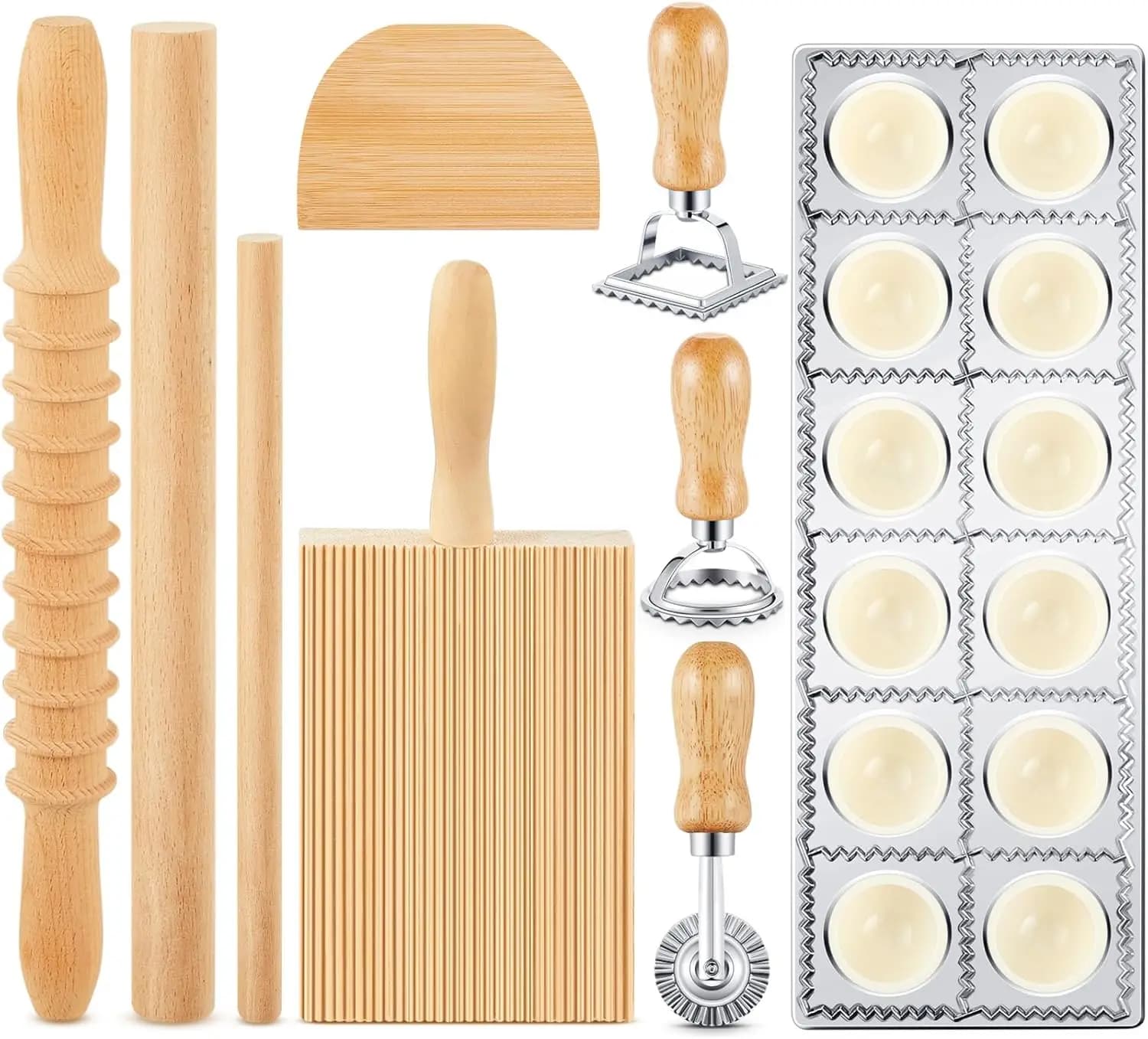 Set di 9 Utensili per Fare la Pasta con Tagliere in Legno per Gnocchi, Stampo per Ravioli, Mattarello per Cucina Domestica e Regali