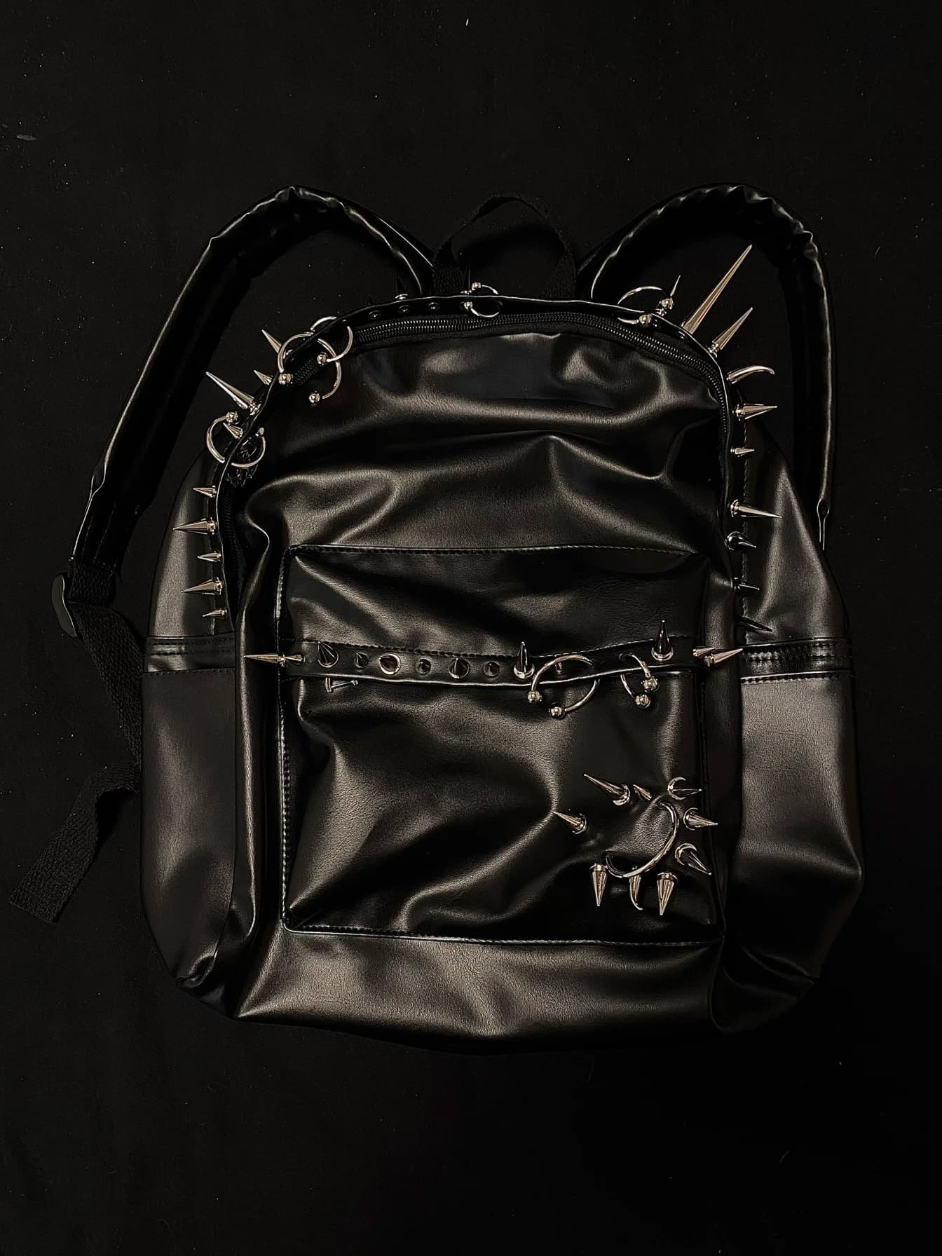 Punk Rivet Hole Punching Black Leather Double Shoulder Bag PLAYSONGS Opium Unisex Large Size Backpack Zipper Closure PU Material