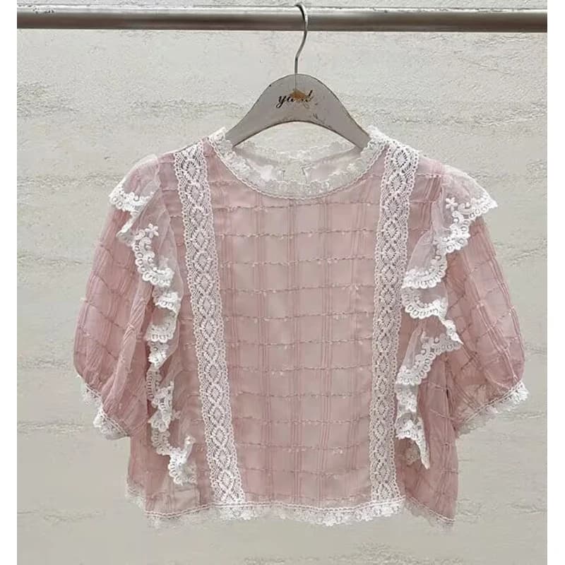 Korean Style round Neck Short Sleeve Embroidered Lace Shirt Women's Slimming Blouse Floral Splicing Summer New Arrival