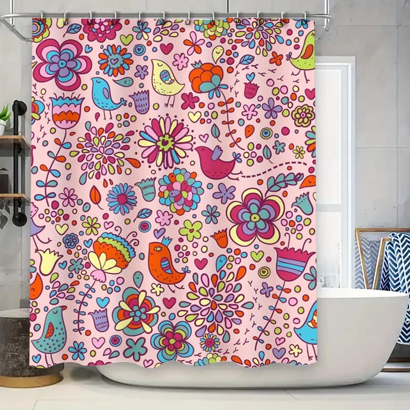 Tenda da doccia floreale luminosa Decorazione da bagno impermeabile con fiori di uccelli per la camera dei bambini Rosa Blu Dimensioni 60 x 72 pollici Facile installazione