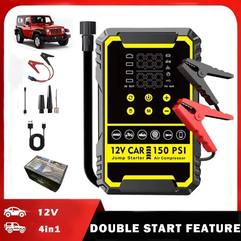 12V Portable Jump Starter with Air Compressor, Emergency Vehicle Power Supply & Tire Pump Integrated with Battery Connection