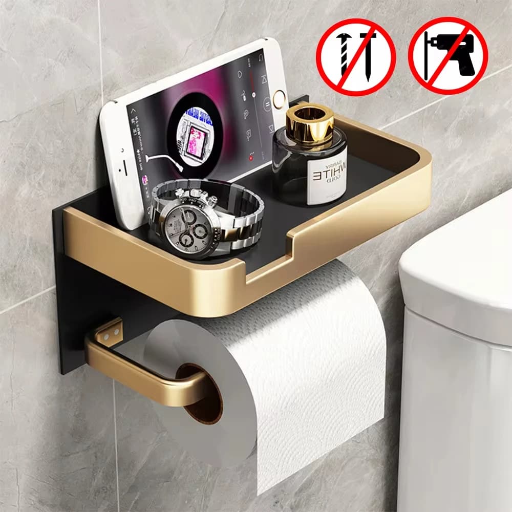 Portarotolo di carta igienica con ripiano Dispenser di carta igienica in alluminio Senza trapano Appendiabiti per WC Accessori per il bagno