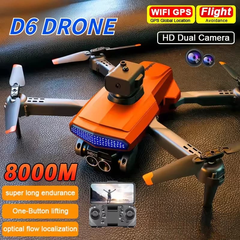 Drone Orange D6 8K HD WiFi FPV con Doppia Fotocamera, Flusso Ottico, Evitamento Ostacoli, Quadricottero RC Pieghevole per Adulti e Bambini