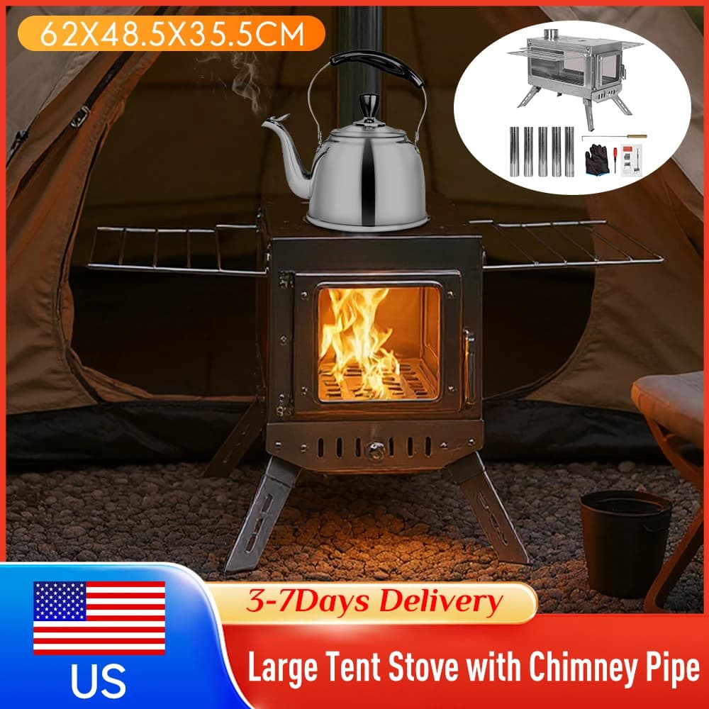 Stainless Steel Portable Wood Stove with Anti-rust Fumaria Canna for Curtains, Refuges and Camping