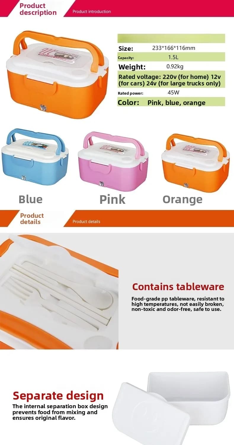 Scaldavivande Elettrico Durevole per Auto, Contenitore Termico per Pranzo da Casa e Auto 12V/24V/220V