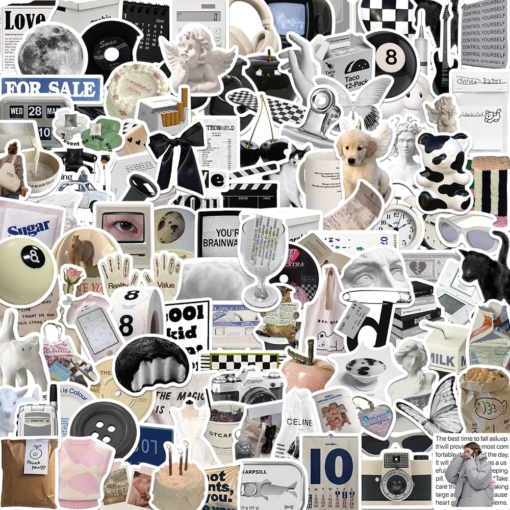 61/118 Pezzi Adesivi in Stile Coreano Bianco e Nero, Decorazioni Creative alla Moda per Scrapbook, Diario, Collage, Telefono