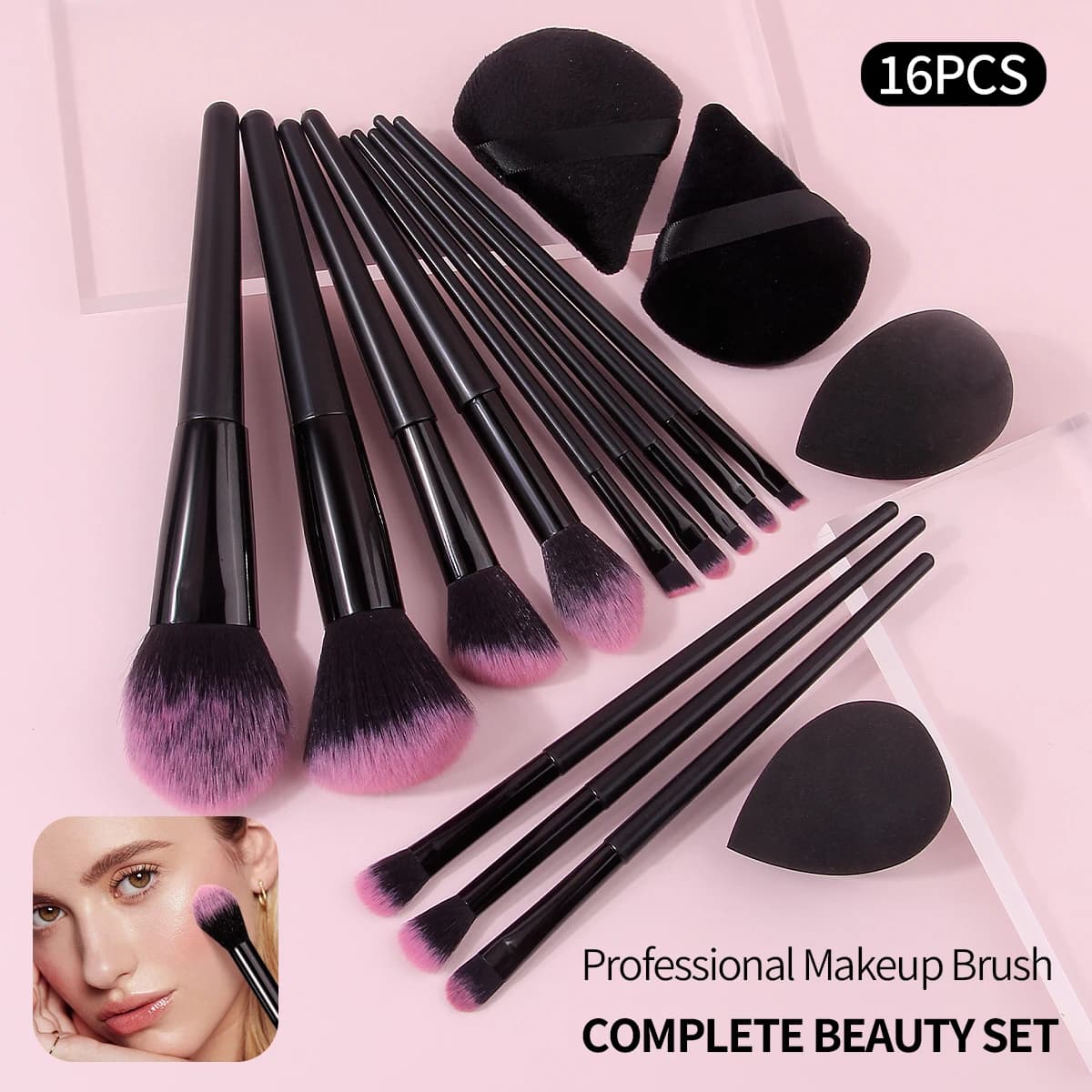Set di 16 Pennelli Professionali per Trucco, Setole Sintetiche Morbide, per Fondotinta, Blush, Ombretto, Cipria, Spugna, Strumenti di Bellezza Completi