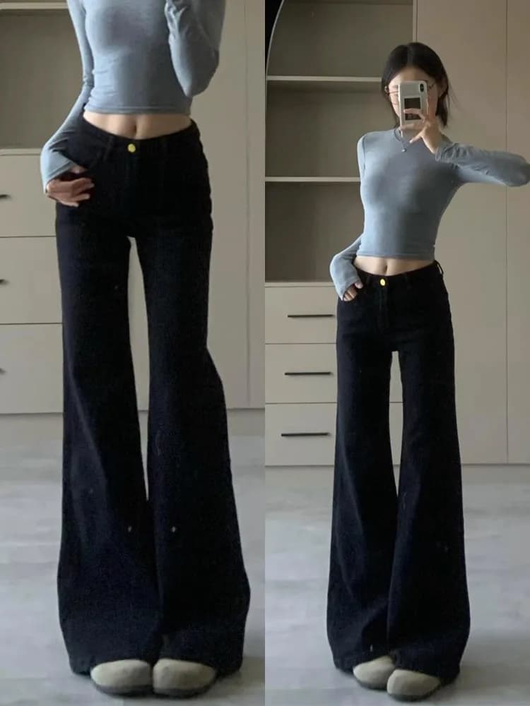 Black Fleece Lined Bootcut Jeans Women's Loose Fit Long Pants Autumn Winter Wide Leg Jeans Slimming High Waist Trousers