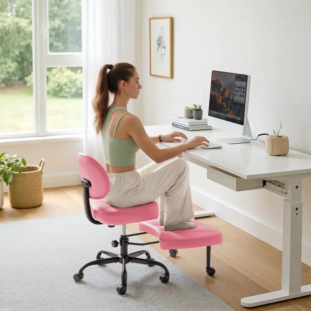 Sedia Ergonomica Girevole Inginocchiata con Altezza Regolabile, Poggiapiedi, per Ufficio, Yoga, Meditazione - Pelle, Rosa
