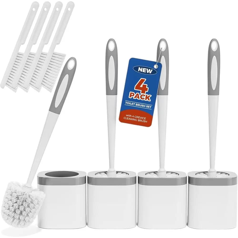 Set di 4 spazzole per WC con supporto e spazzole per fessure, strumenti per la pulizia del bagno bianchi