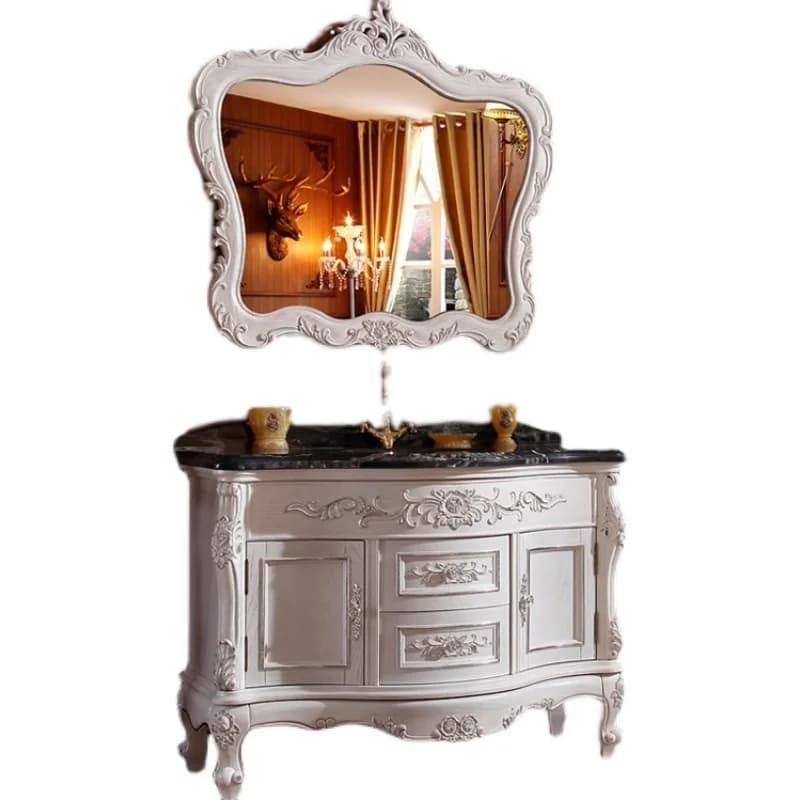 ^European Style Red Oak Solid Wood Antique Washbasin Cabinet Floor-Standing with Marble Basin Luxury Bathroom Furniture