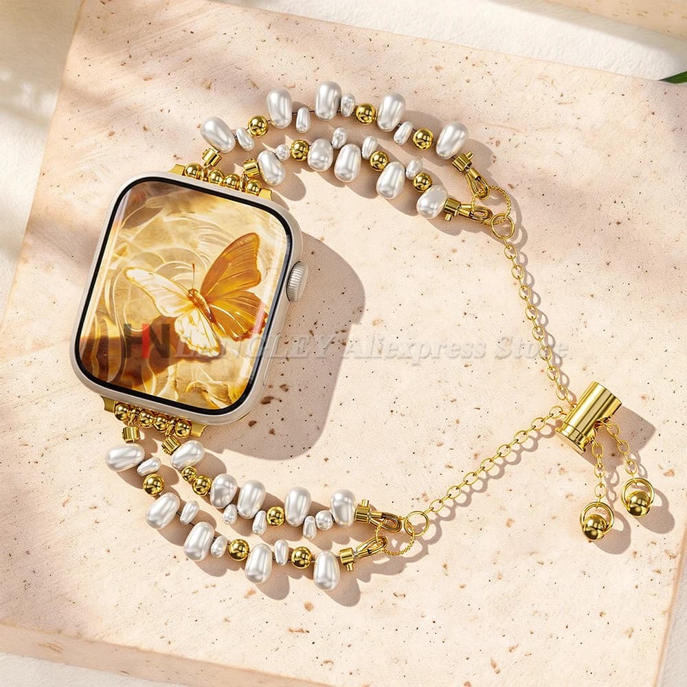 Cinturino in metallo con perline per Apple Watch 38mm 40mm 41mm 42mm 44mm 45mm 46mm 49mm per donna, sostituisce i braccialetti in oro con perle.