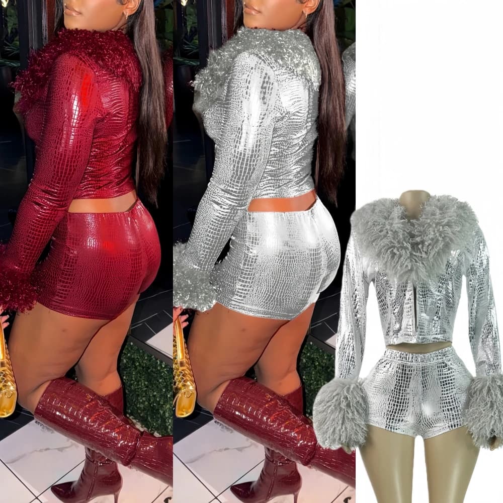 FAGADOER Winter New Fashion Gold Stamping Two-piece Dresses Women's Leather Peel Patchwork Crop Jacket + Pants Women's Streetwear