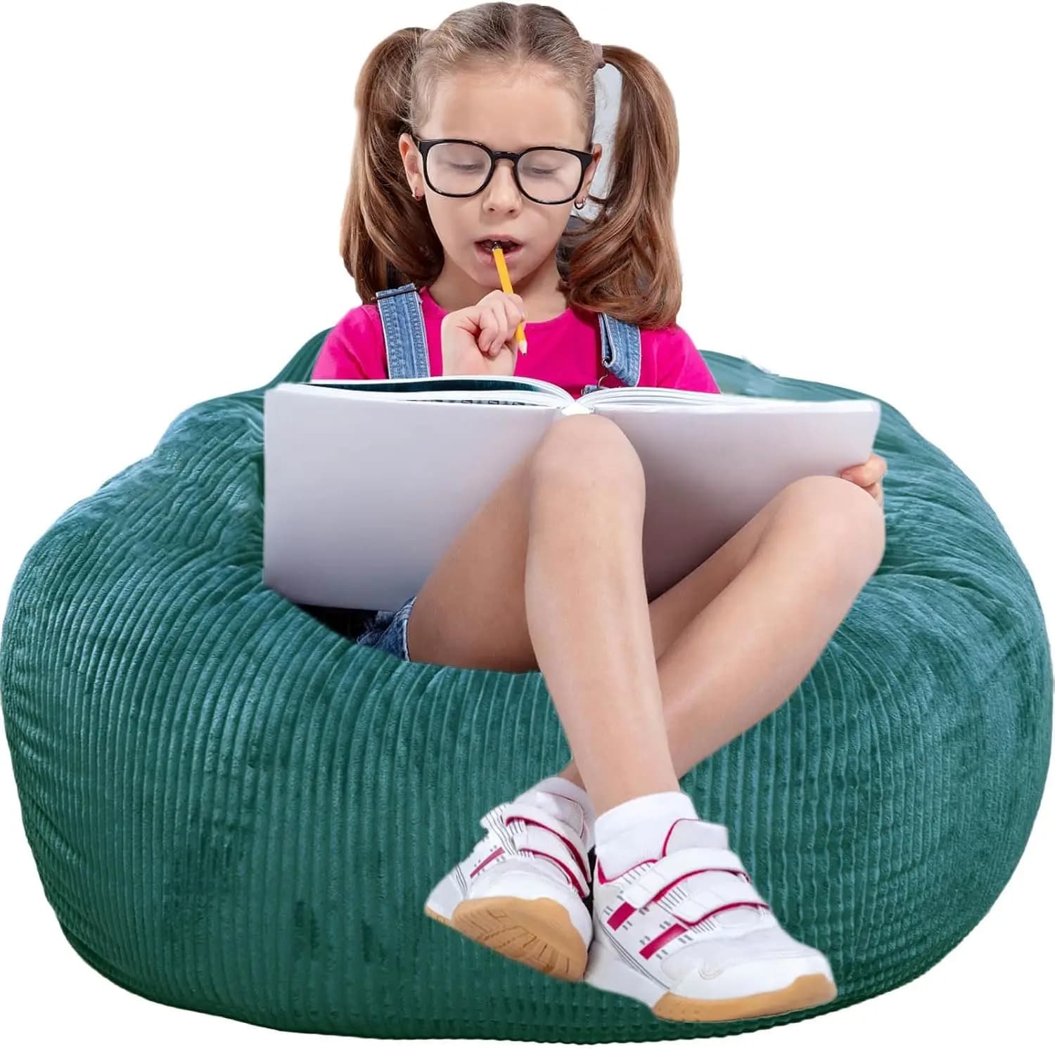 2.5FT Kids Teens Bean Bag Chair with Faux Rabbit Fur Cover & Memory Foam Filling, Round Fluffy Sofa for Reading & Gaming Daily Relax