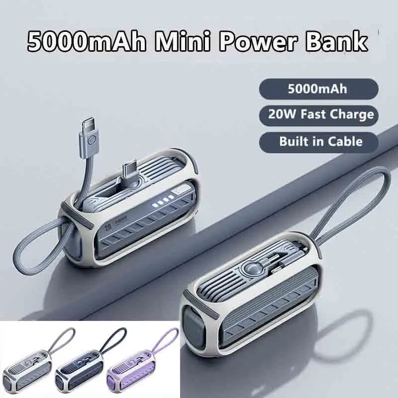 Mini Power Bank da 5000 mAh Cavo incorporato Spina rotante Powerbank Batteria di ricambio esterna Caricatore rapido da 20 W per iPhone Samsung