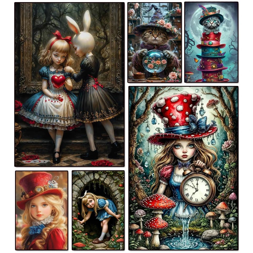 5D Diamond Painting New Arrival Wall Art Dreamy Wonderland Girl Cat Picture Diamond Mosaic Rhinestones Embroidery Decor For Home