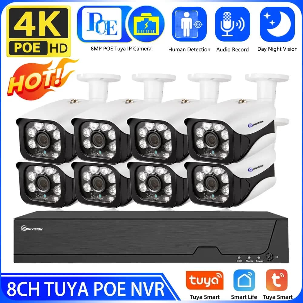 Kit NVR POE Tuya 8CH 8MP, 4K CCTV Security System, IP Camera Bullet Waterproof by Esterno Plug&Play, Video System Kit