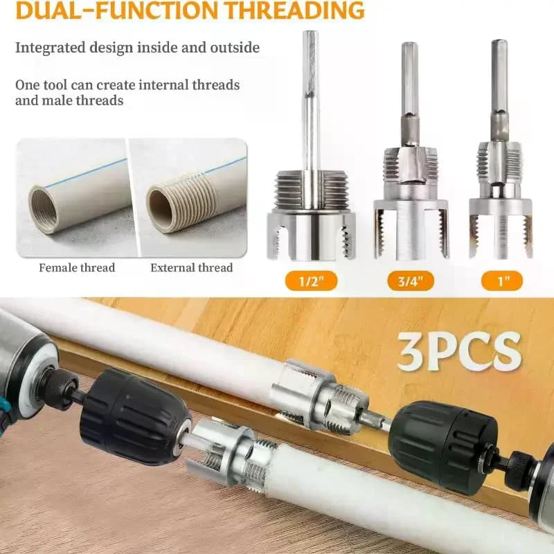 3PCS Integrated Pipe Threading Tool Set Internal External PVC Pipe Threader Kit for Irrigation Water Pipe Repair Renovation