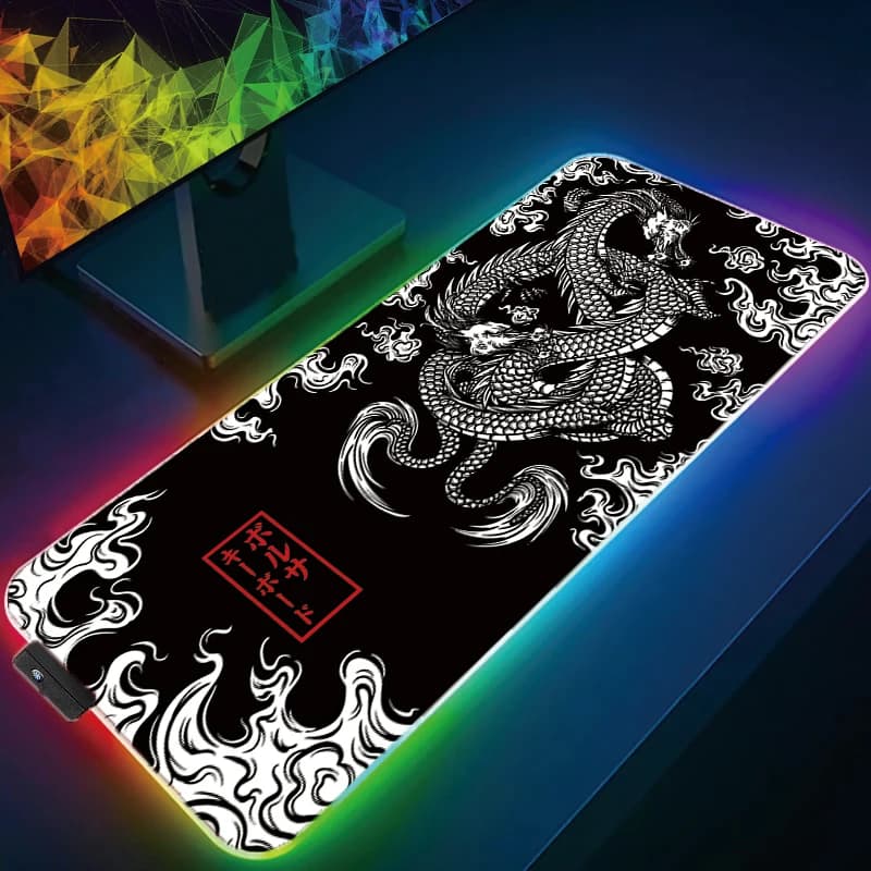Tappetino per mouse RGB con luce a LED PC Computer Gamer Tappetino per mouse da gioco Tastiera Tappetino da scrivania Drago giapponese Fiore di ciliegio Anime Tappeto esagonale
