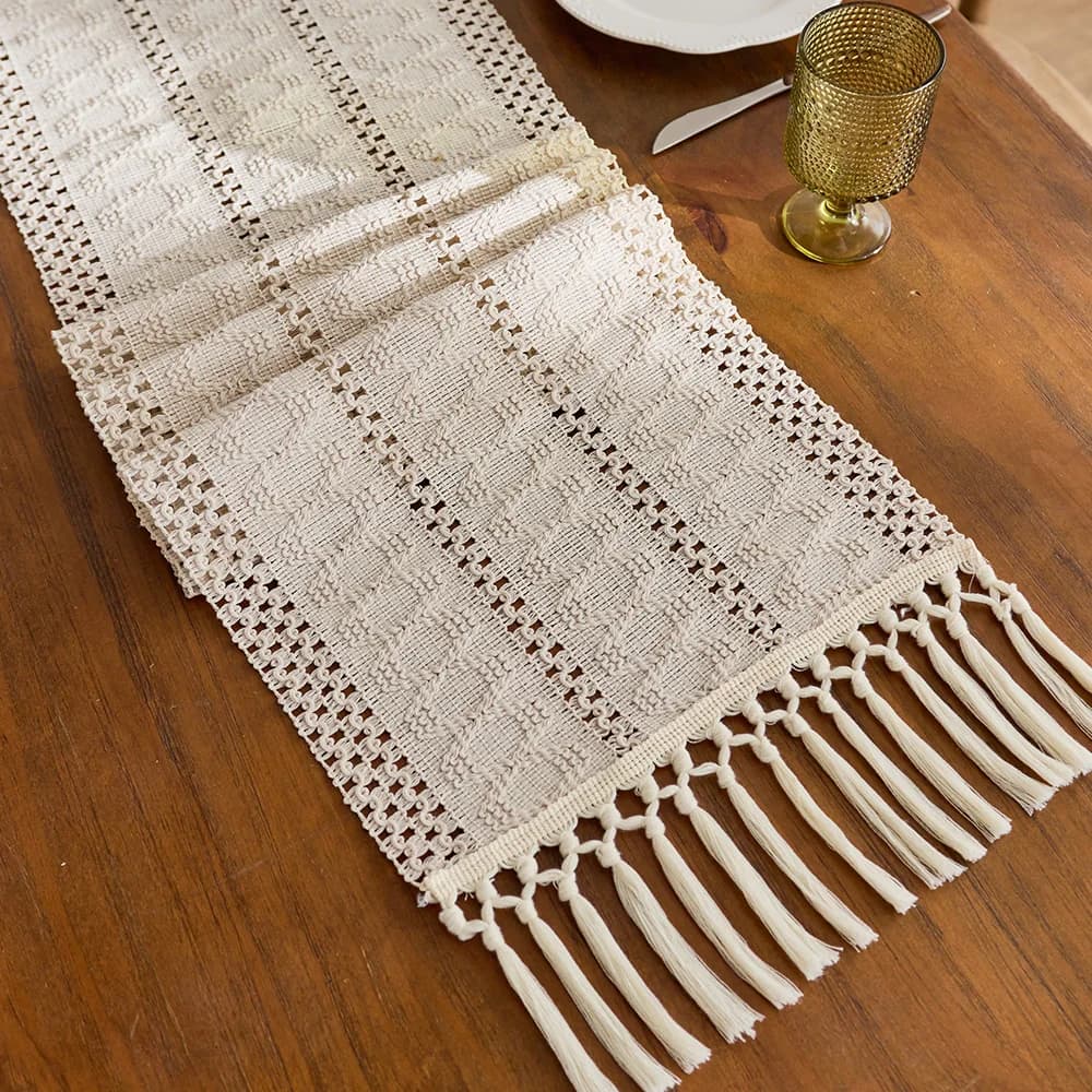Runner da tavolo Boho beige da 1 pezzo con nappe Runner da tavolo in cotone intrecciato a mano Runner da tavolo rustico per tavolo da pranzo da cucina
