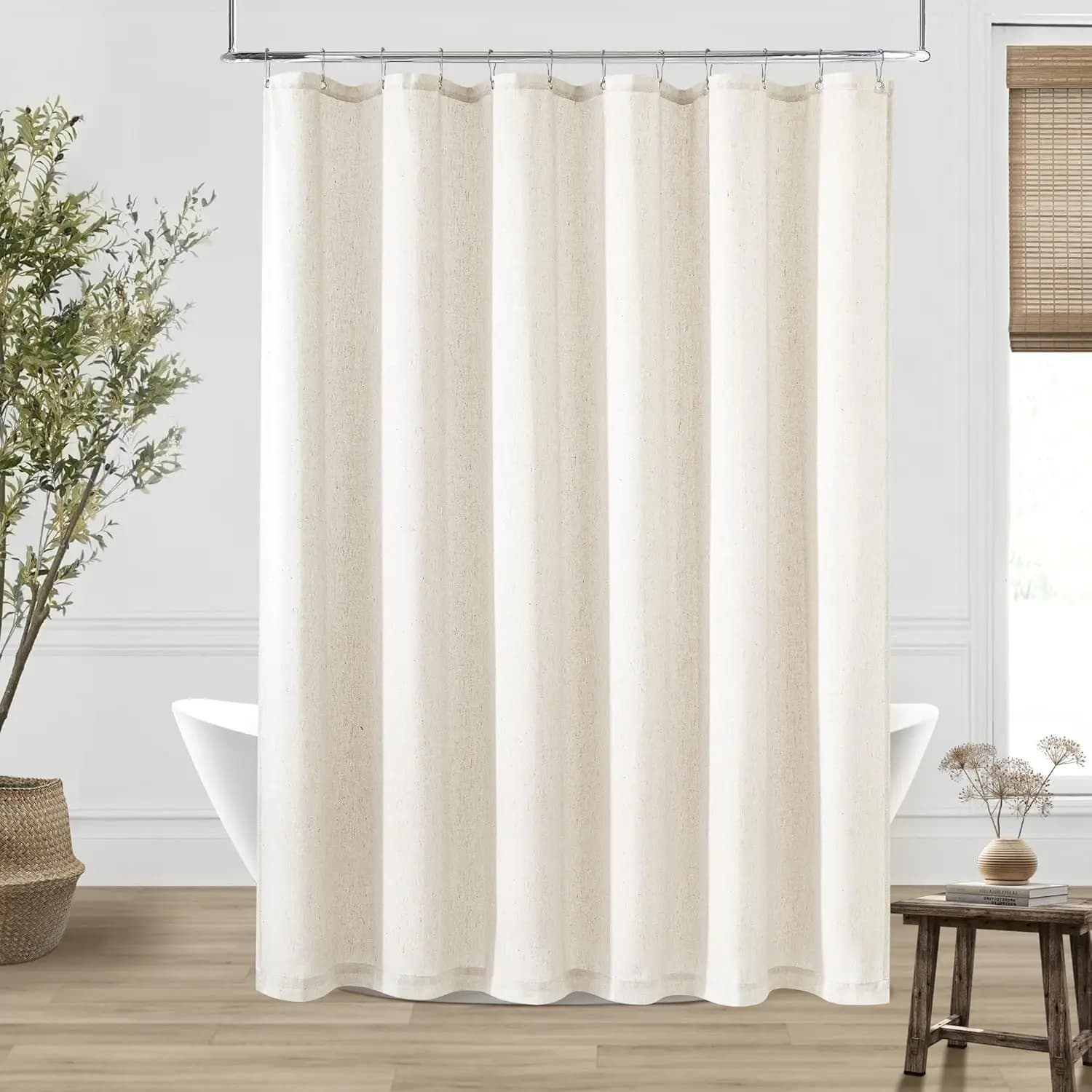 Tenda Doccia Extra Lunga in Lino Idrorepellente per Bagno, Stile Boho Rustico, Avorio Naturale, 72x96 Pollici con Ganci
